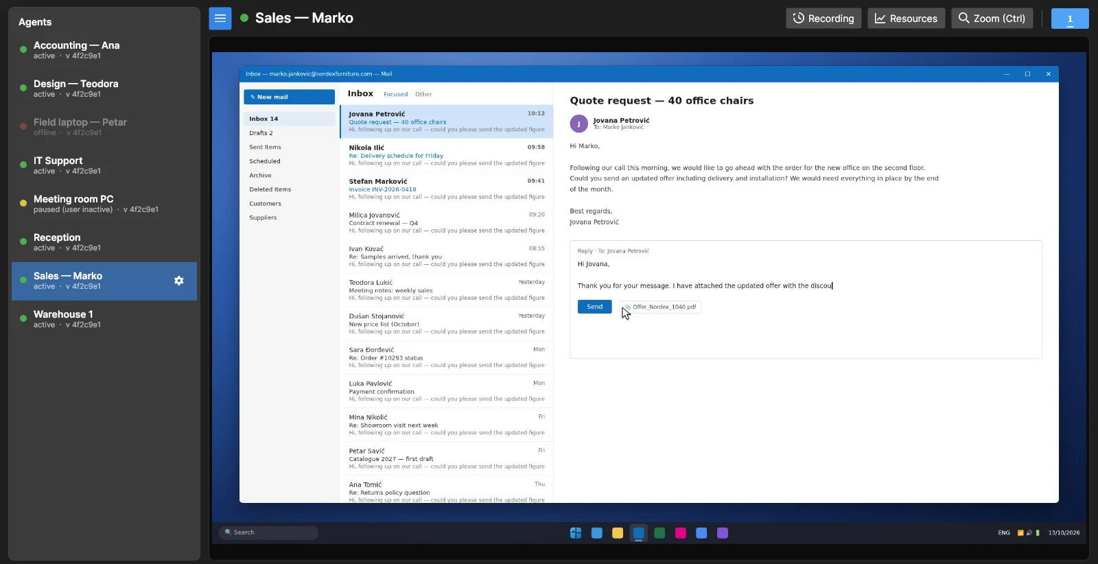 Desktop Monitoring viewer showing the list of company computers and the live screen of the sales PC