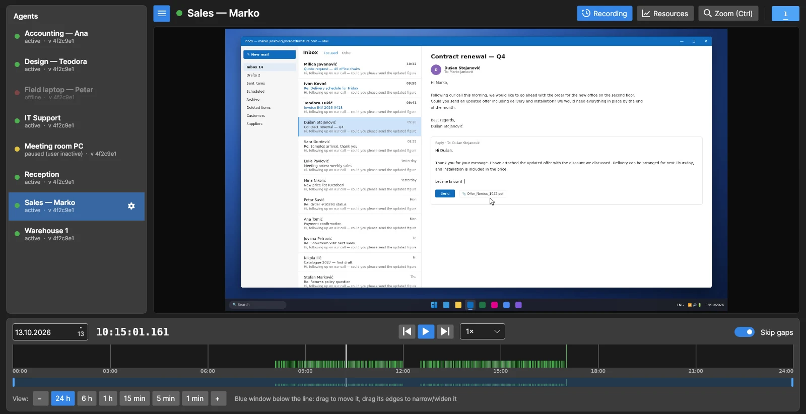 Playback of a recorded morning with the timeline of the whole day