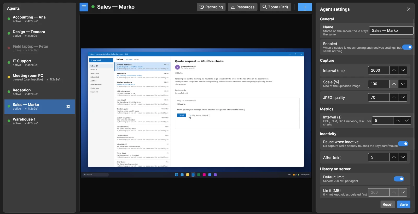 Settings panel of one computer opened next to its live screen