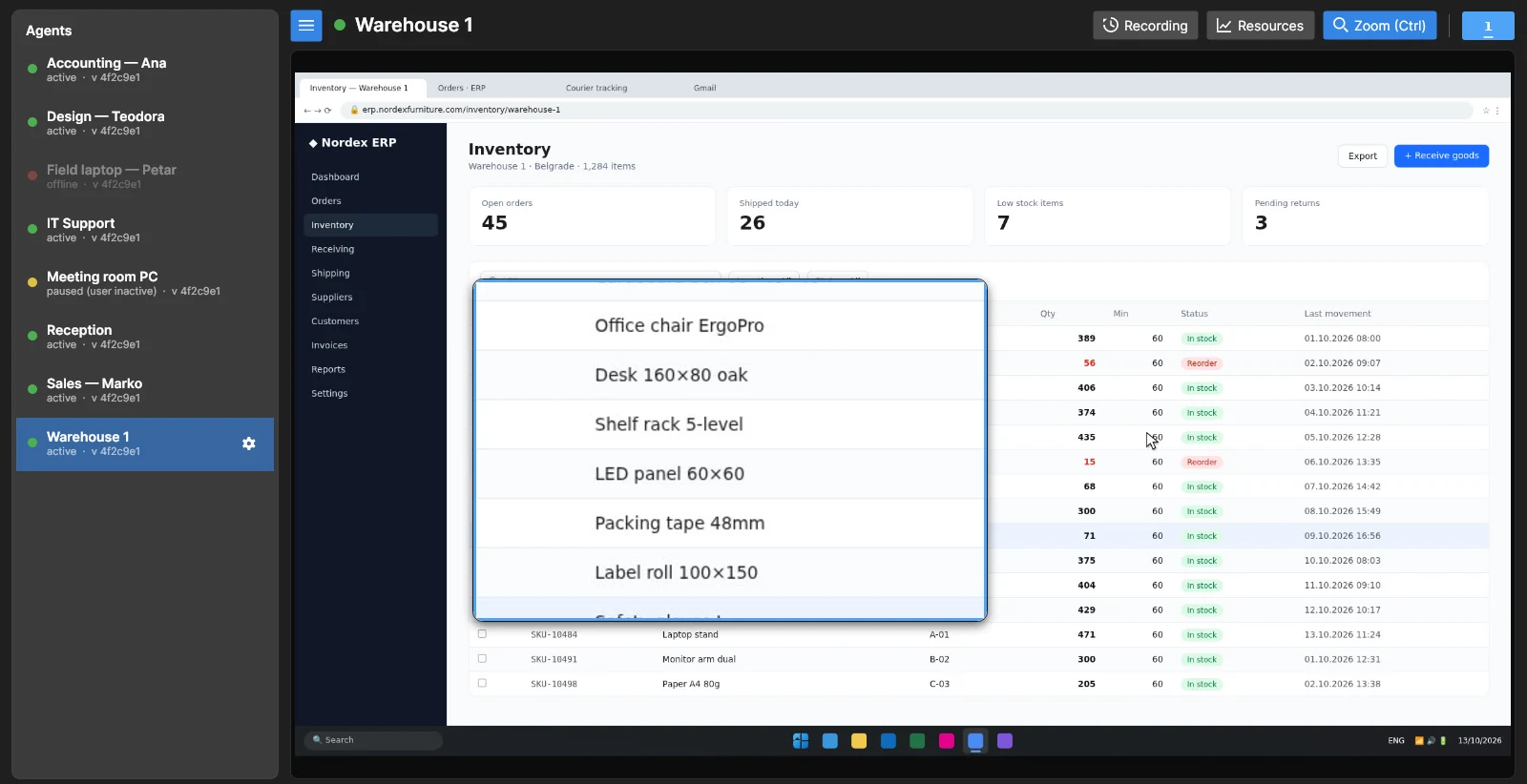 Live screen of a sales computer in the viewer